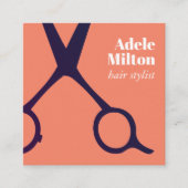 サーモンミニマルブエレガントルの青い鋏ヘアスタイリスト スクエア名刺 (正面)