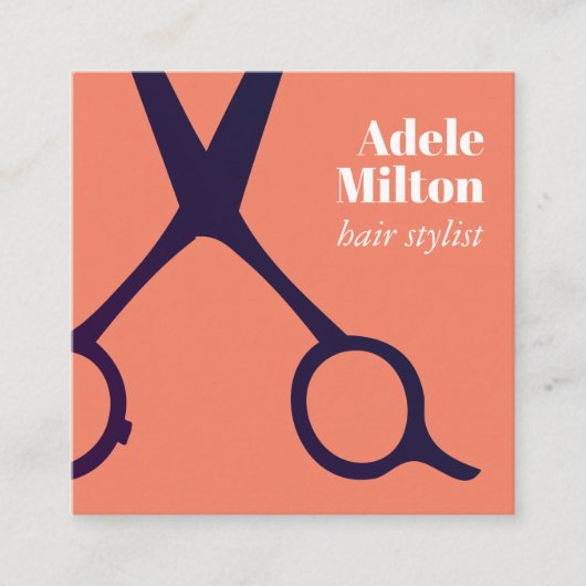 サーモンミニマルブエレガントルの青い鋏ヘアスタイリスト スクエア名刺 (正面)