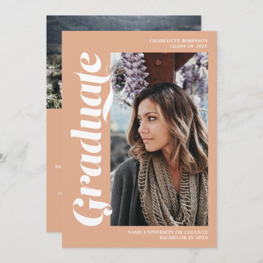 サーモン卒業生の台本3枚の写真卒業 招待状 (正面/裏面)