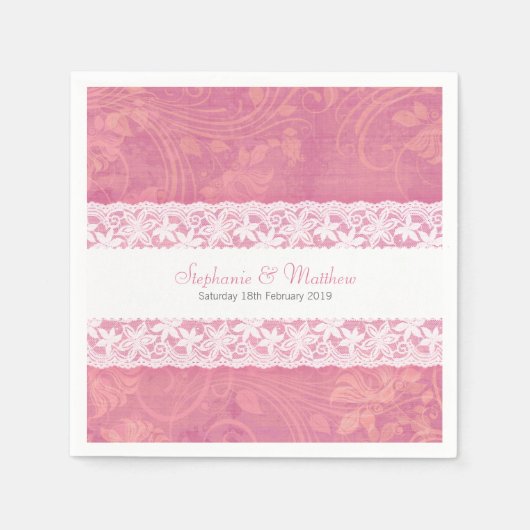 サーモン結婚ピンクの紙ナプキンの白いレース スタンダードカクテルナプキン (正面)