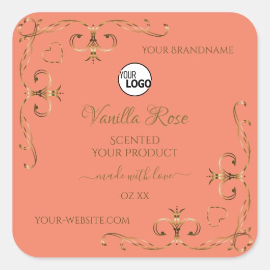 サーモン製品ラベルの金ゴールド華美コーナー（ロゴ付き） スクエアシール (正面)