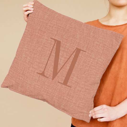 サーモン赤いリネンのテクスチャモノグラム クッション
