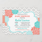サーモン&ターコイズ開花フローラベビーシャワー 招待状 (正面/裏面)
