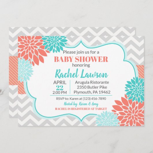 サーモン&ターコイズ開花フローラベビーシャワー 招待状 (正面/裏面)