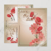 サーモン＆レッドフラワー/ゴールドトリム ポストカード (正面/裏面)
