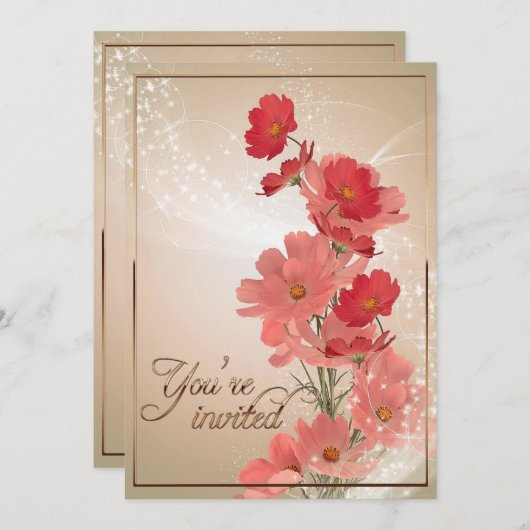サーモン&レッドフラワー/金ゴールドトリム 招待状 (正面/裏面)