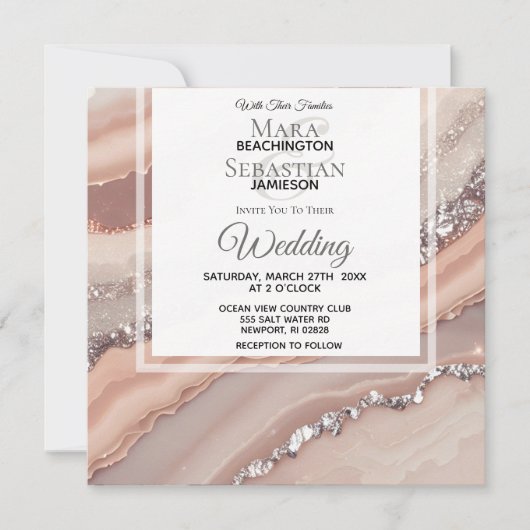 *~*サーモンQRピーチシルバーAGATE RSVP AR66 結婚's 招待状 (正面)