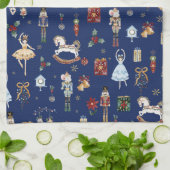 ザくるみ割りクリスマスバレエヴィンテージネイビーブルー キッチンタオル (折り畳み)