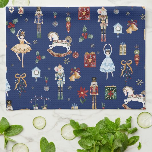 ザくるみ割りクリスマスバレエヴィンテージネイビーブルー キッチンタオル (折り畳み)