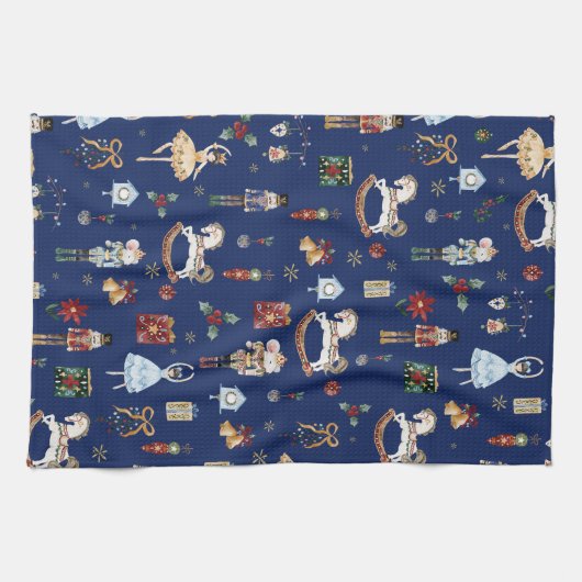 ザくるみ割りクリスマスバレエヴィンテージネイビーブルー キッチンタオル (横)