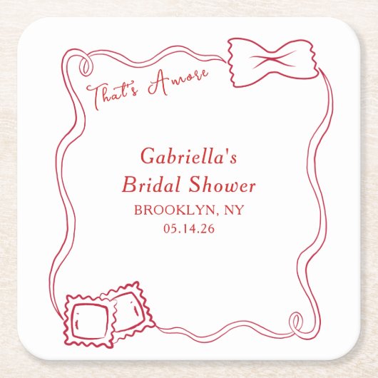 ザアモーレハンドドロッドパスタイタリアブライダルシャワー スクエアペーパーコースター (正面)