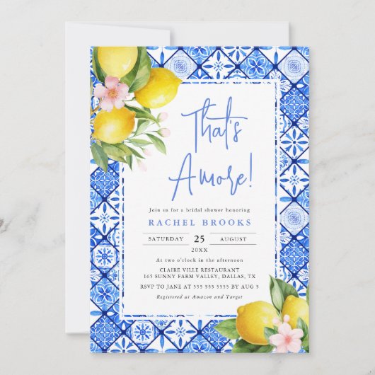 ザアモーレモンブルーイタリアンタイルブライダルシャワー 招待状 (正面)