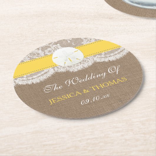 ザイエローサンドドルビーチ結婚式コレクション ラウンドペーパーコースター (アングル)