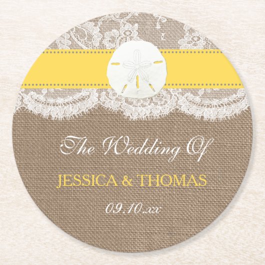 ザイエローサンドドルビーチ結婚式コレクション ラウンドペーパーコースター (正面)