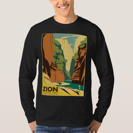 ザイオン・ナローズ国立公園の観光客向けビンテージスタイルのポスター Tシャツ (正面)