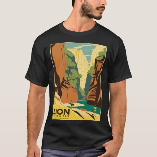 ザイオン・ナローズ国立公園の観光客向けビンテージ ポスター Tシャツ (正面)