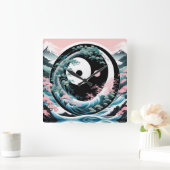 ザウェーブピンクセージティール（緑がかった色） スクエア壁時計 (ホーム)