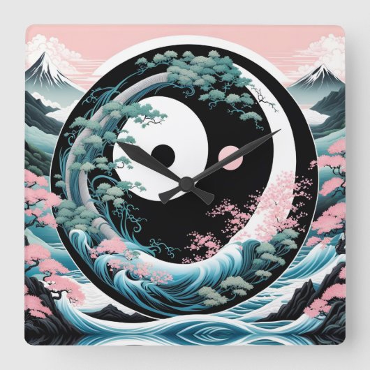 ザウェーブピンクセージティール（緑がかった色） スクエア壁時計 (正面)