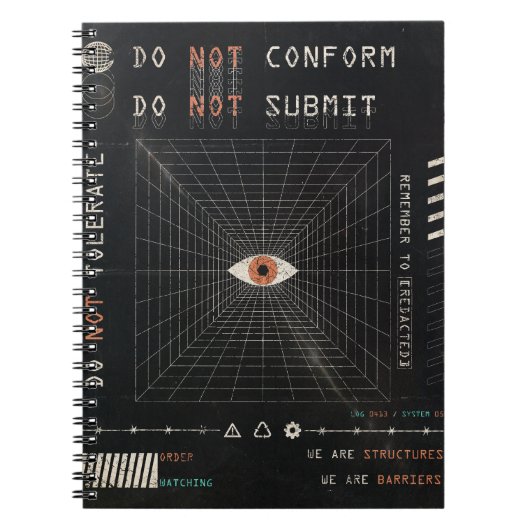 ザウォッチャー – テクノ – ブルタリストストリートウェアデザイン ノートブック (正面)