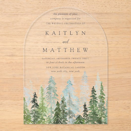 ザウォーターカラーパインツリーフォレストズコレク結婚ション アクリル招待状 (正面)