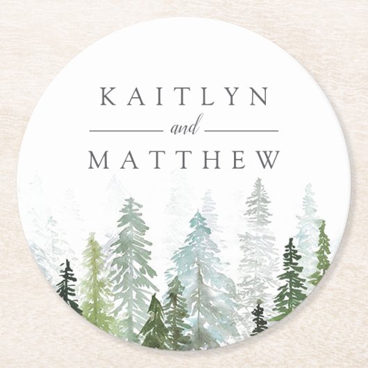 ザウォーターカラーパインツリーフォレストズコレク結婚ション ラウンドペーパーコースター (正面)