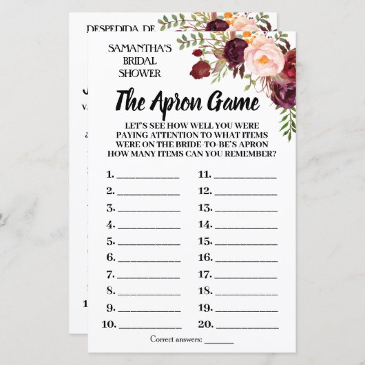 ザエプロンブライダルシャワーゲーム英語スペインの (正面/裏面)