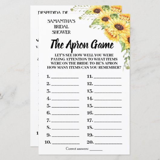 ザエプロンブライダルシャワーゲーム英語スペインの (正面/裏面)