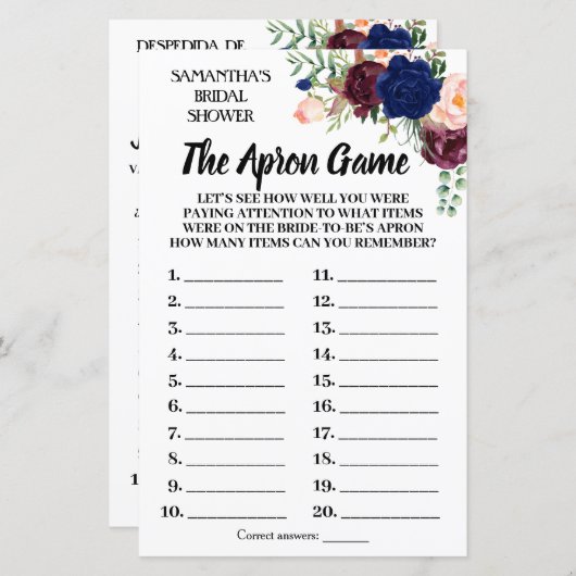 ザエプロンブライダルシャワーゲーム英語スペインの (正面/裏面)