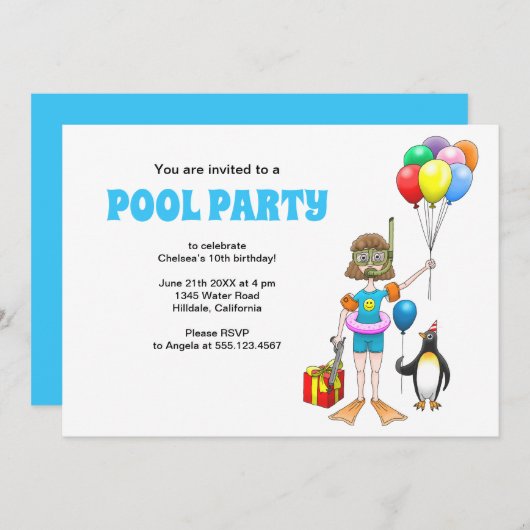 ザガールとペンギンのプールパーティー 招待状 (正面/裏面)