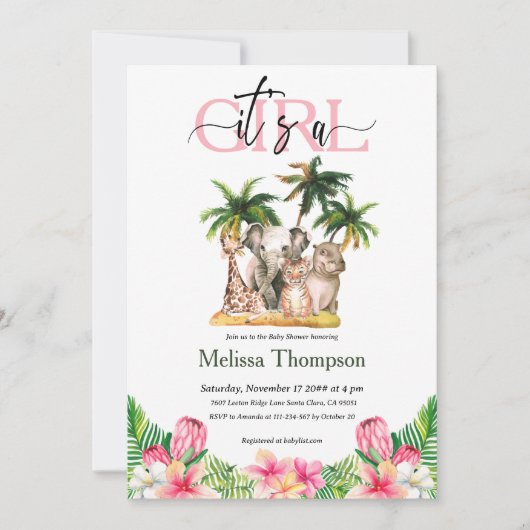 ザガールサファリワイルドトロピカルフローラベビーシャワー 招待状 (正面)