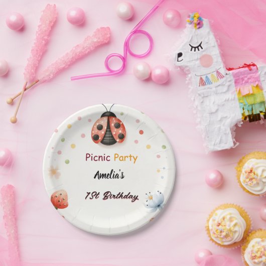ザガールズラブバグピクニック水玉模様1st誕生日 ペーパープレート (パーティー)