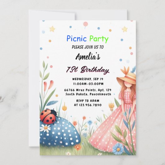 ザガールズラブバグピクニック水玉模様1st誕生日 招待状 (正面)
