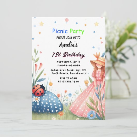 ザガールズラブバグピクニック水玉模様1st誕生日 招待状 (スタンド正面)