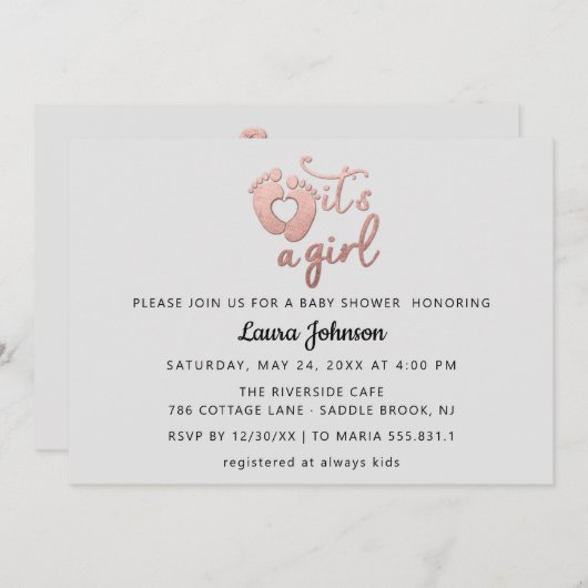 ザガール新生児バラグレーパステルハート足 招待状 (正面/裏面)