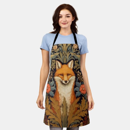 ザキツネと赤い花アールヌーボースタイル エプロン (着用した状態)