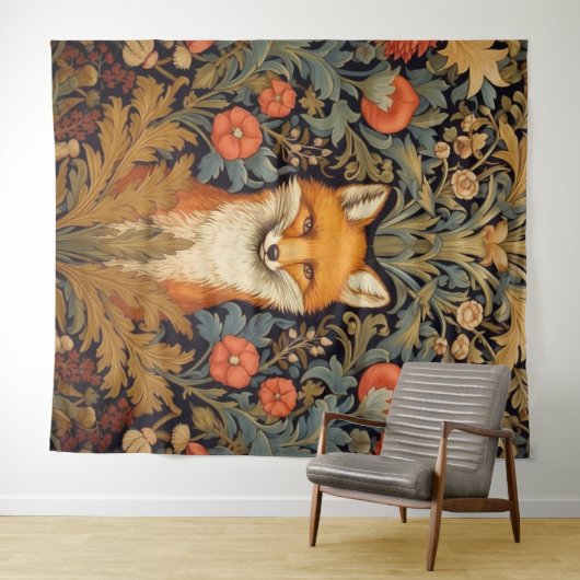 ザキツネと赤い花アールヌーボースタイル タペストリー (インサイチュ(横))