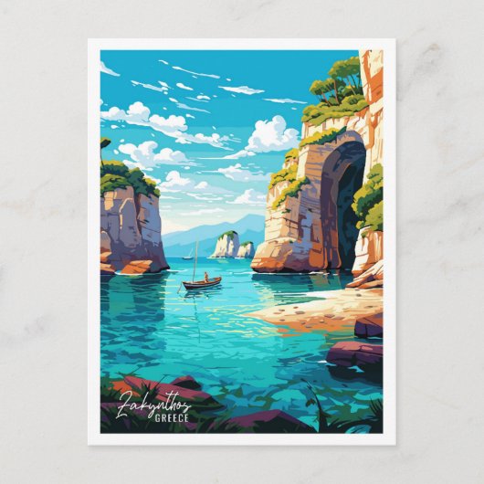 ザキントスギリシャヴィンテージトラベルイラストレーション ポストカード (正面)