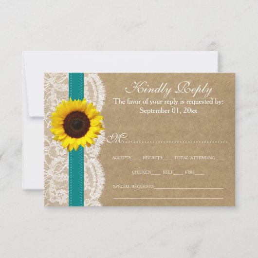 ザクラフト、レース&ひまわりコレクション – ティール（緑がかった色） 出欠カード (正面)