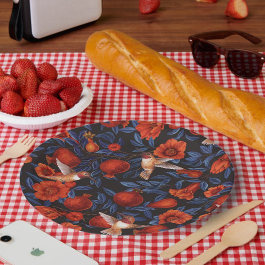 ザクロとハミングバード/ブルー離れの黒 ペーパープレート (ピクニック)