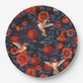 ザクロとハミングバード/ブルー離れの黒 ペーパープレート (正面)