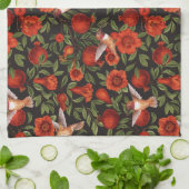 ザクロとハミングバード/緑離れの キッチンタオル (折り畳み)