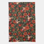 ザクロとハミングバード/緑離れの キッチンタオル (縦)