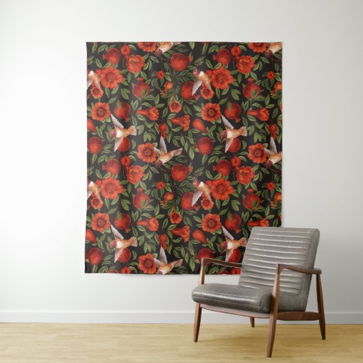ザクロとハミングバード/緑離れの タペストリー (インサイチュ)