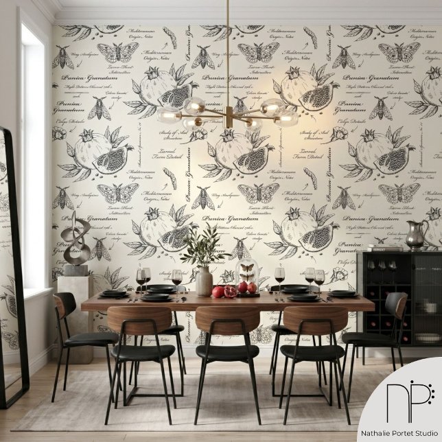 ザクロと地中海の蛾 壁紙 (Hand drawn scientific pomegranate and mediterranean moth wallpaper on warm neutral background)