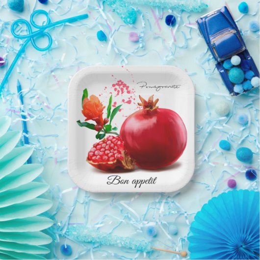 ザクロと（ばちゃばちゃ）跳ねる。水彩イラストレーション ペーパープレート (パーティー)