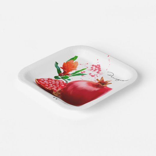 ザクロと（ばちゃばちゃ）跳ねる。水彩イラストレーション ペーパープレート (傾斜あり)