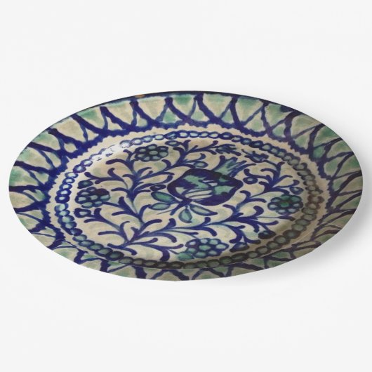 ザクロのハンドメイドの青及び白い陶器 ペーパープレート (アングル)