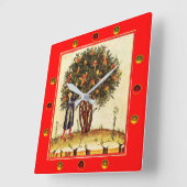 ザクロの木の中世ミニチュア，宝石，赤 スクエア壁時計 (傾斜)