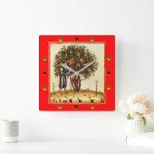 ザクロの木の中世ミニチュア，宝石，赤 スクエア壁時計 (ホーム)