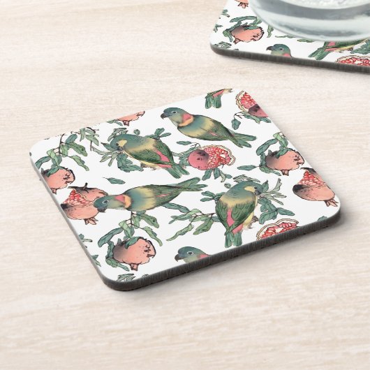 ザクロの果実とラブバードのパターン コースター (左側)